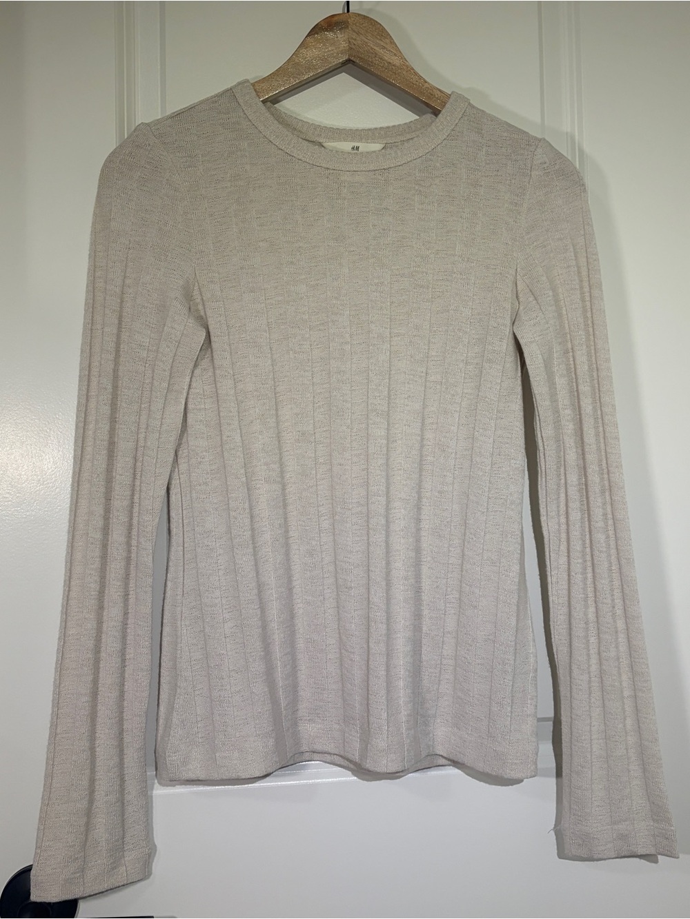 H&M Beige Ribbed Long Sleeve Flared Cuff Top Size S